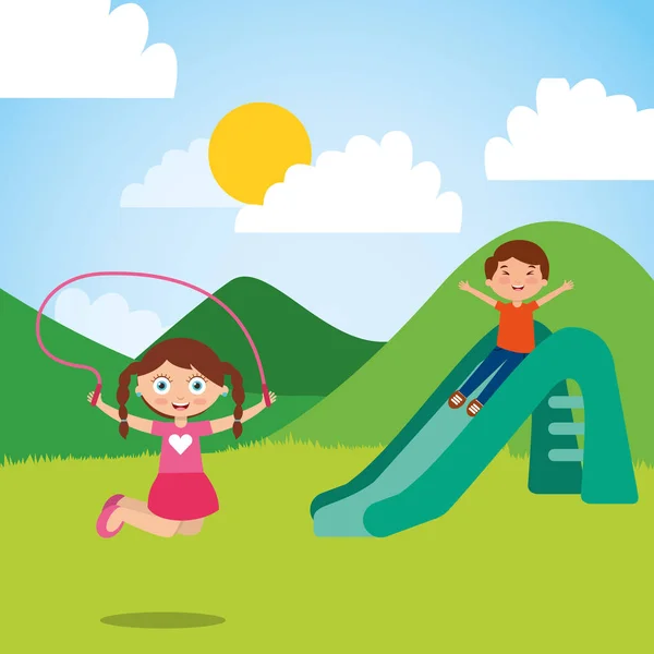 Roztomilý šťastný malé děti hrací hřiště švihadlo snímku — Stockový vektor