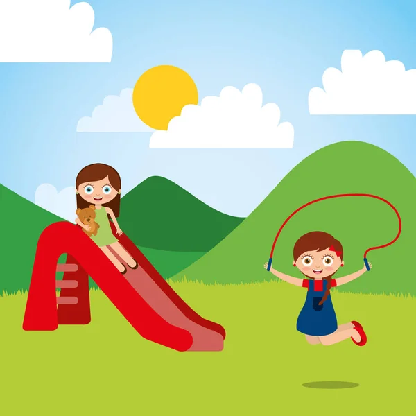 Милий щасливий маленькі діти грають в слайд-стрибок мотузки ігровий майданчик — стоковий вектор