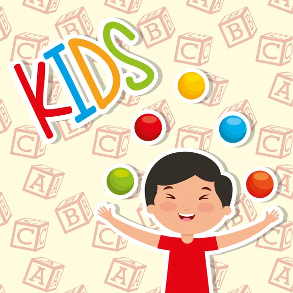 Funny boy kid playing colored balls — Stock Vector