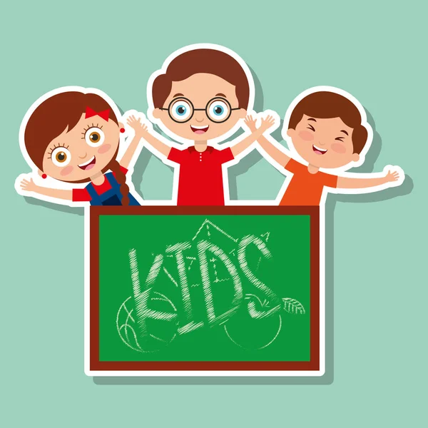 三孩子快乐男孩和女孩与黑板 — 图库矢量图片
