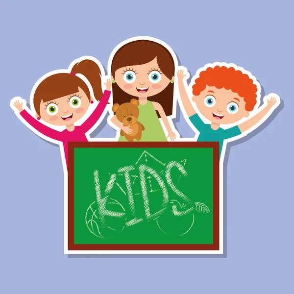 三孩子快乐的女孩和男孩与黑板 — 图库矢量图片