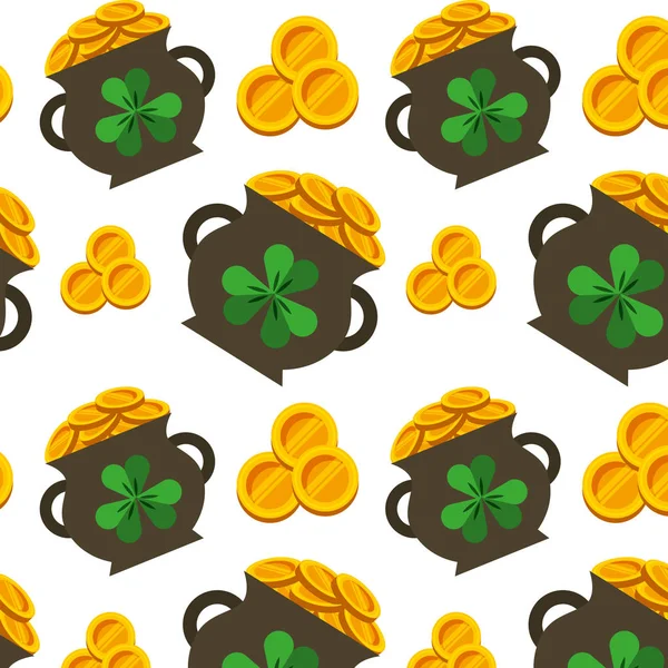 Caldero monedas de oro y tréboles st patricks papel pintado — Vector de stock