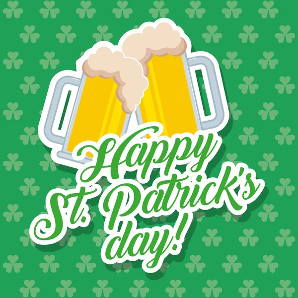 Two cold beer glass celebration st patricks day clovers background — Stock Vector