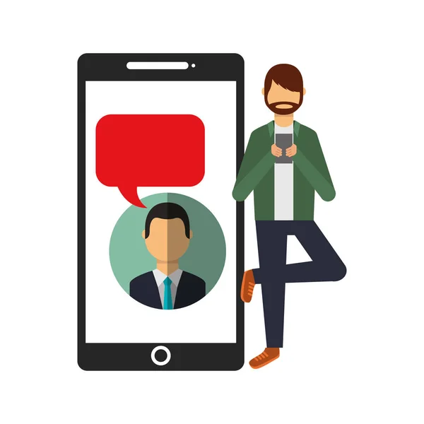 Man standing big mobile chatting bubble — Stock Vector