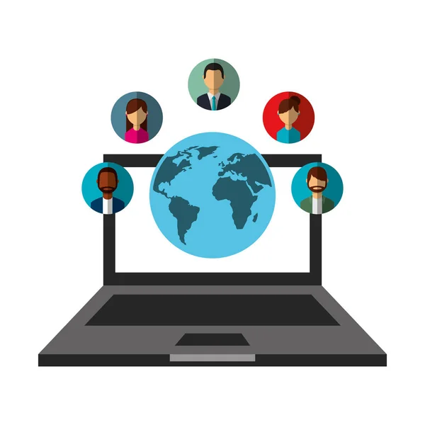 Laptop world people communication social media network — Stock Vector