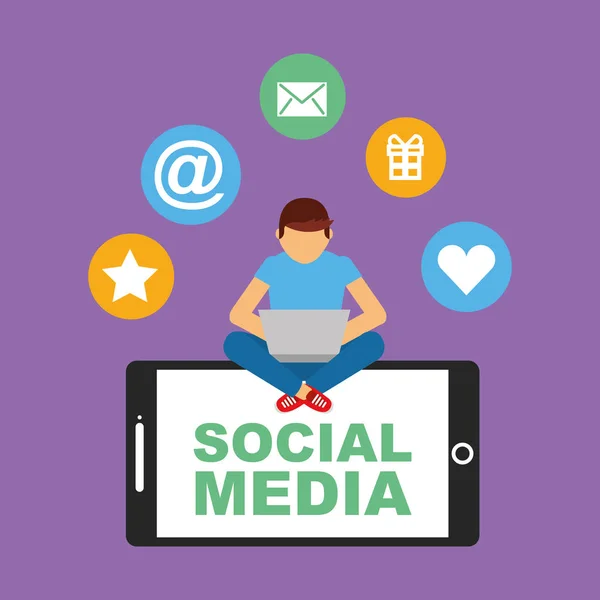 Joven con portátil sentado en grandes iconos de redes sociales móviles — Vector de stock