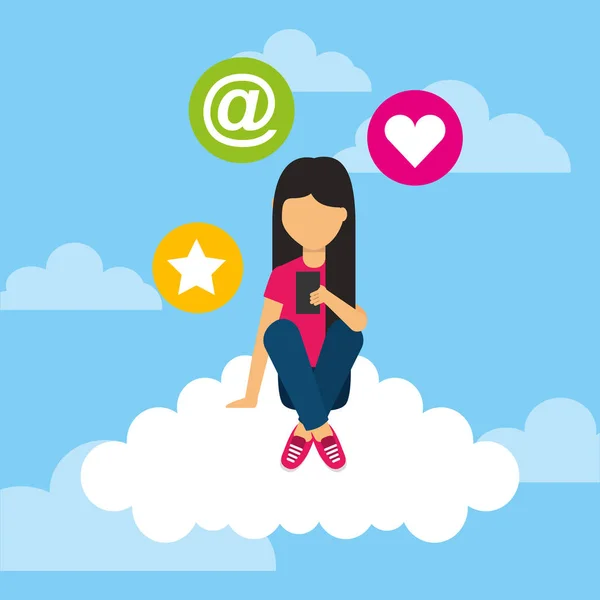 Молода дівчина сидить у хмарі з піктограмами мобільних соціальних мереж — стоковий вектор