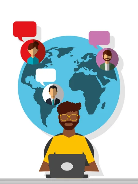 Afroamericano hombre trabajo portátil mundo personas comunicación — Archivo Imágenes Vectoriales