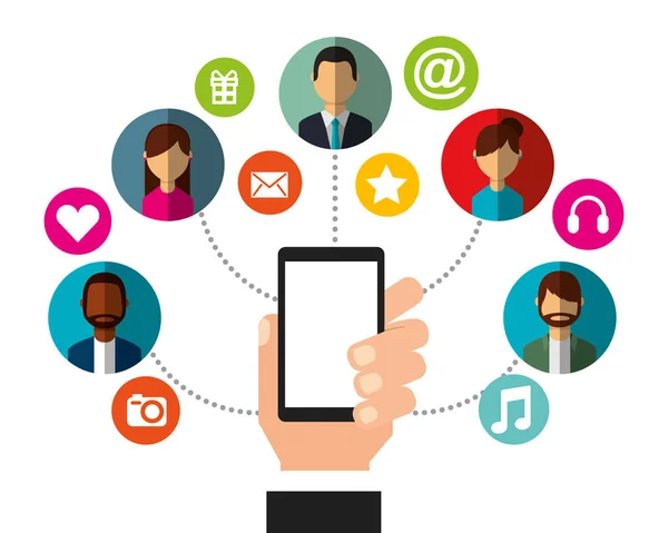 Kezében smartphone emberek szociális média kapcsolat — Stock Vector