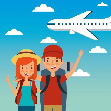 yolcular mutlu genç çift ve uçan uçak