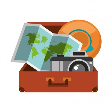 bavul katlanmış harita kamera ve şapka içinde