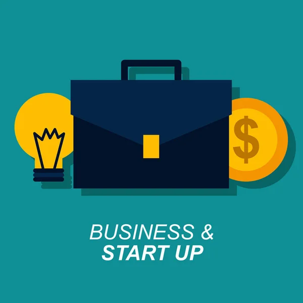 Geschäft und Start-up-Koffer und Glühbirne Münzgeld — Stockvektor