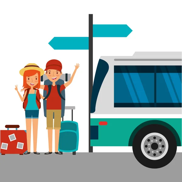 Happy couple tourists with luggage in the bus stop — Stock Vector