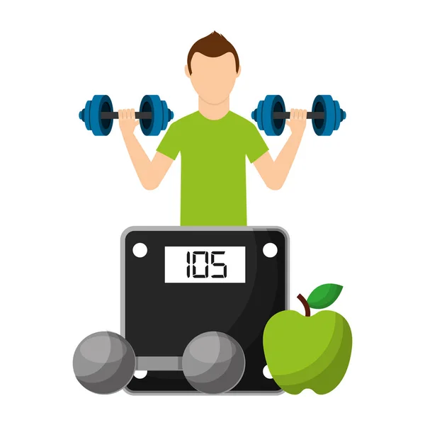 Αθλητής με φρούτα και αλτήρα επιλογή υγιεινού τρόπου ζωής — Διανυσματικό Αρχείο