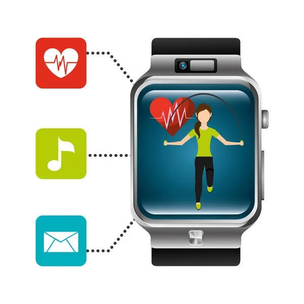 Smart Watch Frau springen Herzfrequenz Anwendung gesunder Lebensstil — Stockvektor