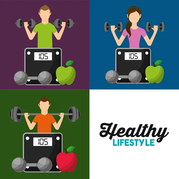 Healthy lifestyle set people weight scale fruit — Stock Vector