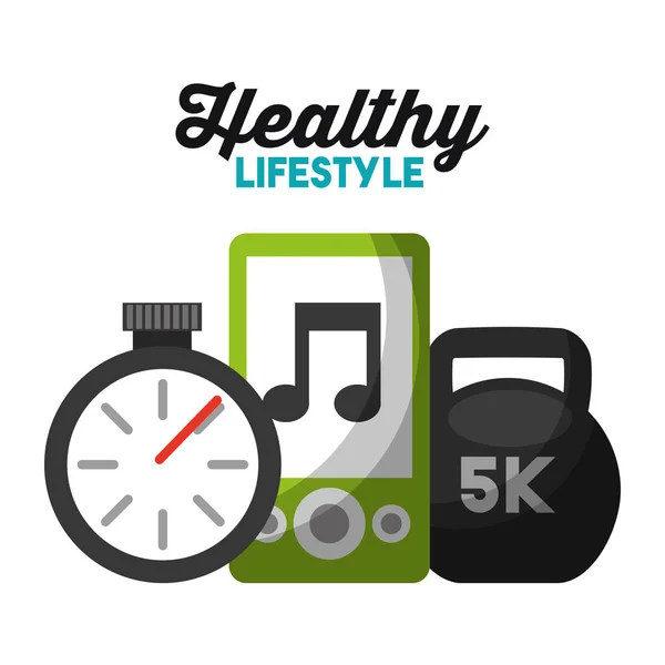 Stopwatch mp3 en sport gewicht gezonde levensstijl — Stockvector