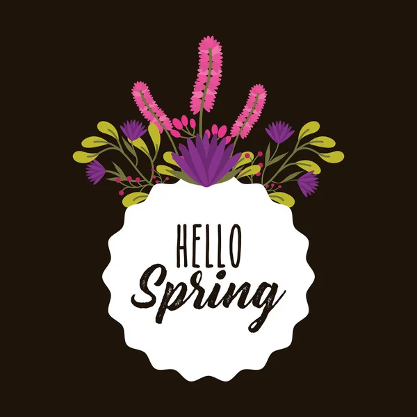 Hola etiqueta de primavera de flores decorativas y follaje fondo oscuro — Vector de stock