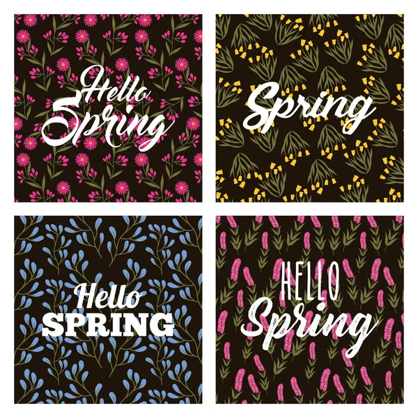 Colección de flores de primavera hola decoración y fondo negro — Vector de stock