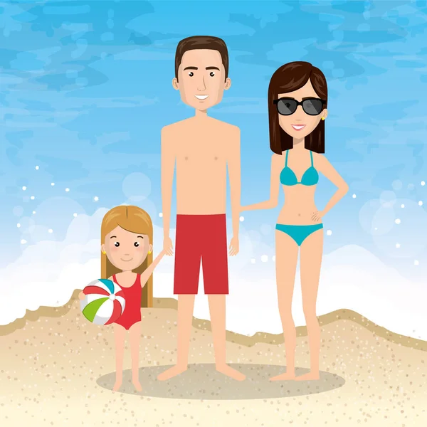 Padres con hija en la playa — Vector de stock