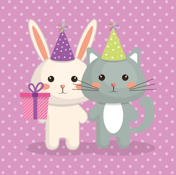 Lindo gato y conejo dulce kawaii carácter tarjeta de cumpleaños — Archivo Imágenes Vectoriales