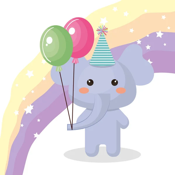 Elefante lindo con globos aire partido dulce kawaii tarjeta de cumpleaños — Archivo Imágenes Vectoriales