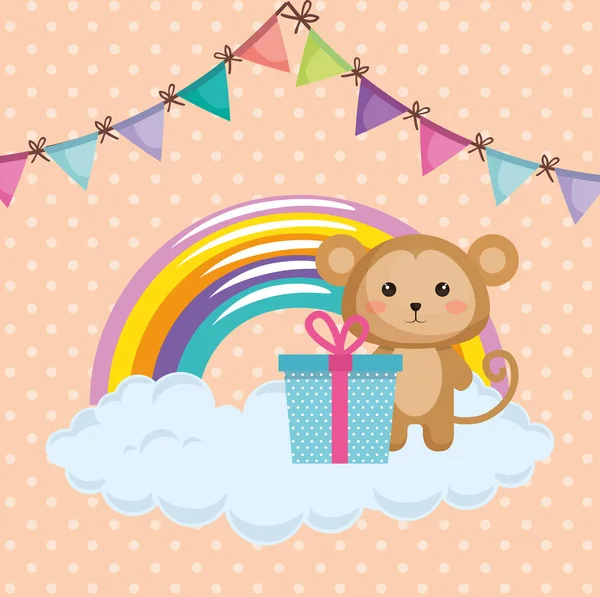 Carino scimmia con regalo kawaii biglietto di compleanno — Vettoriale Stock
