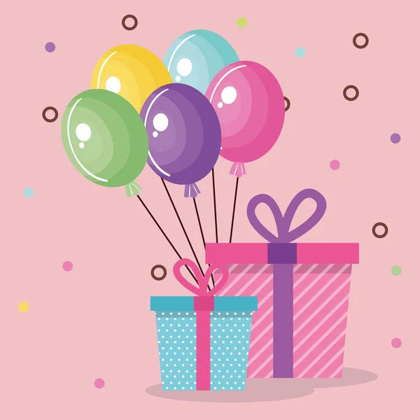 Mignon boîte cadeau avec ballons air party carte d'anniversaire — Image vectorielle