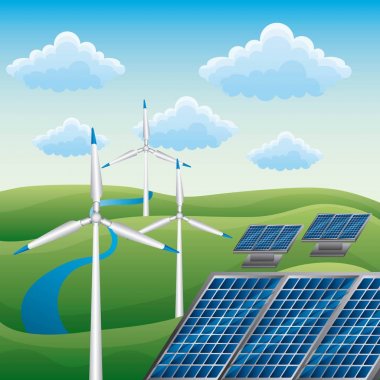 Rüzgar Türbini güneş paneli alternatif enerji kaynağı nehir doğa