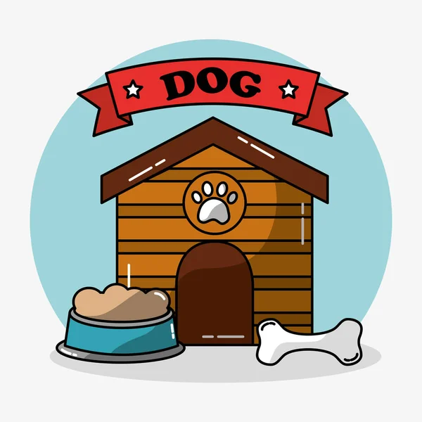 Mascota perro casa madera y bowl alimento hueso juguete — Archivo Imágenes Vectoriales