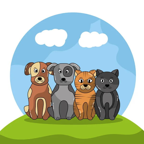 Mascotas perros y gatos sentado con imagen de paisaje — Archivo Imágenes Vectoriales