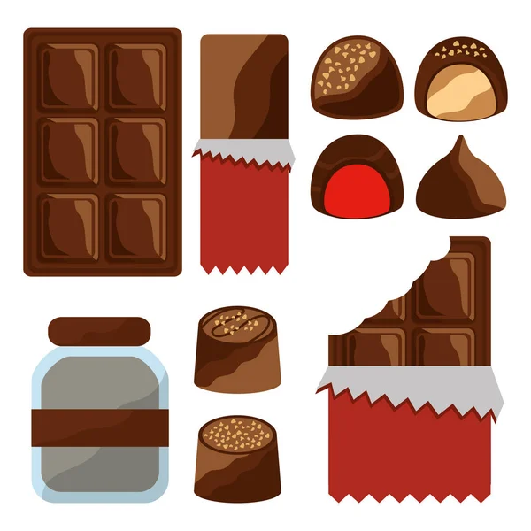 Chocolate conjunto iconos cacao alimentos dulces — Vector de stock