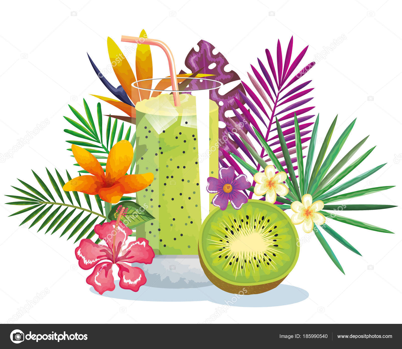 Tropischer cocktail mit Kiwi und florale Dekoration — Stockvektor