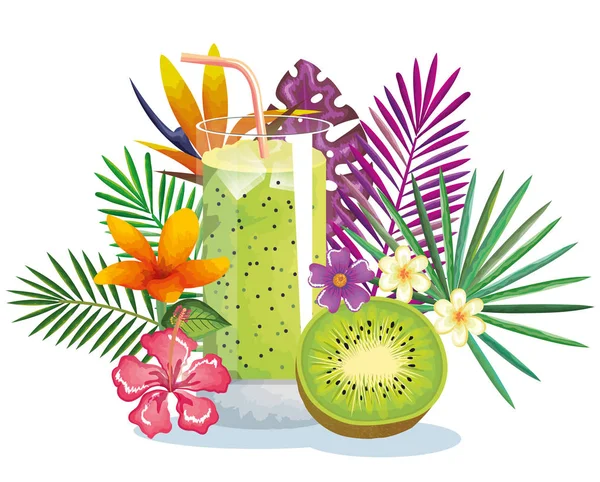 Cóctel tropical con kiwi y decoración floral — Vector de stock