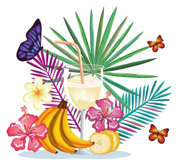 Cóctel tropical con frutas de plátano y decoración floral — Vector de stock