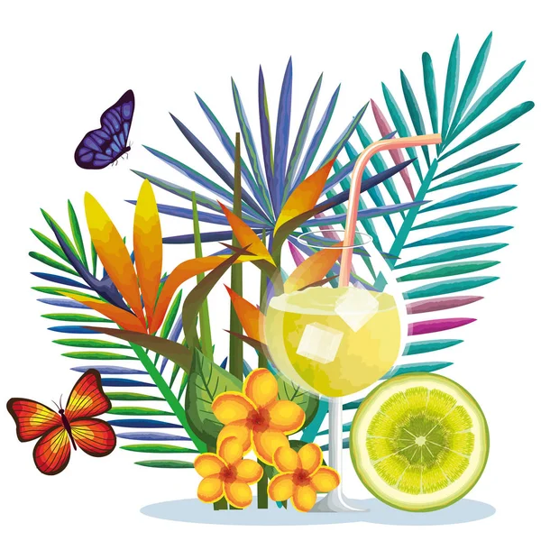 Cocktail tropicale con frutta di lime e decorazione floreale — Vettoriale Stock
