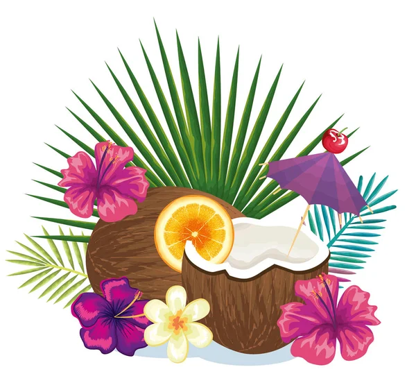 Cocktail tropicale alla frutta di cocco e decorazione floreale — Vettoriale Stock