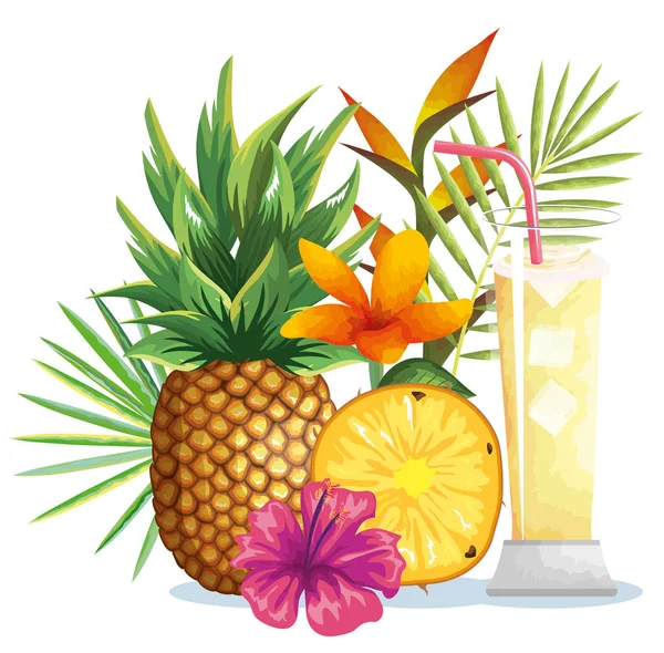 Тропический коктейль с ананасовыми фруктами и цветочными украшениями — стоковый вектор