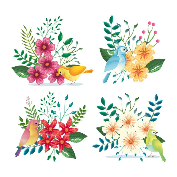 Kwiatowe dekoracje i ptaki stylu vintage — Wektor stockowy