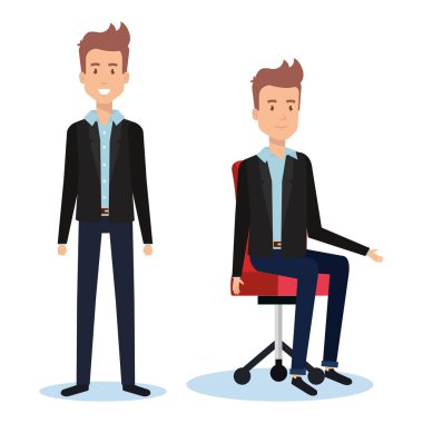 ofis koltuğu ve stand üzerinde poz işadamları