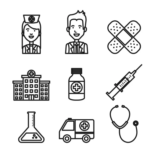 Medicinsk utrustning personal tillhandahåller hälso-och ikoner set — Stock vektor