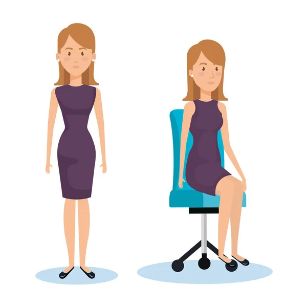 Mujeres de negocios posando en silla de oficina y de pie — Vector de stock