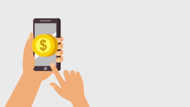 Hände mit Smartphone Dollar kaufen Online-Tasche fallen — Stockvideo
