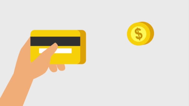 Mão segurando banco de cartão de crédito e moedas em queda — Vídeo de Stock