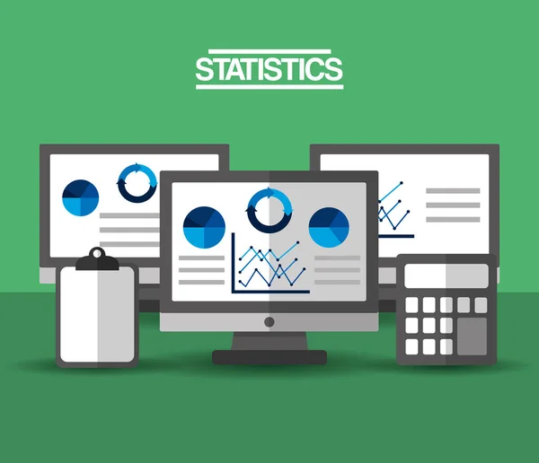 Statistika dat analýza webové stránky elektronické a mobilní zařízení Kalkulačka a schránky — Stockový vektor