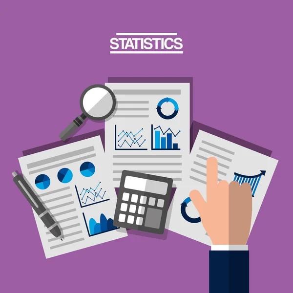 Mano con papel de analista de negocios con gráficos y diagramas calculadora de lupa — Archivo Imágenes Vectoriales