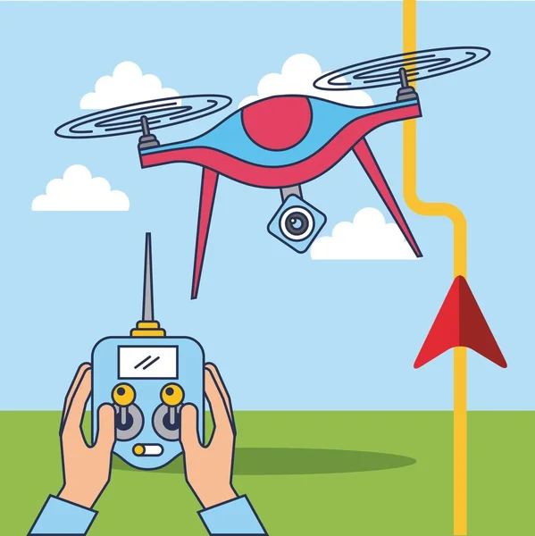 Mãos e drone controle remoto gps localização rota — Vetor de Stock