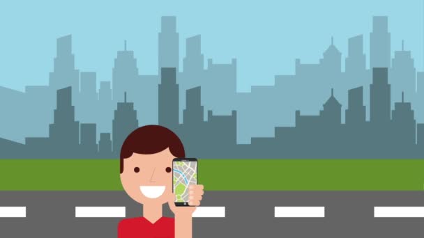 Анимационный персонаж с мобильным приложением такси и — стоковое видео