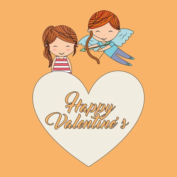 Gelukkige Valentijnskaarten Cupido en meisje samen op groot hart-liefde — Stockvector