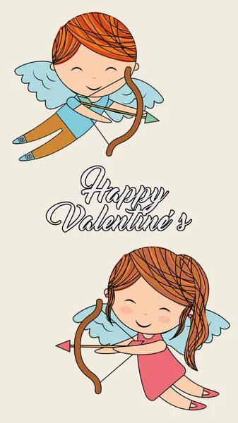 Gelukkige Valentijnskaarten schattig meisje en Cupido met boog pijl liefde afbeelding — Stockvector